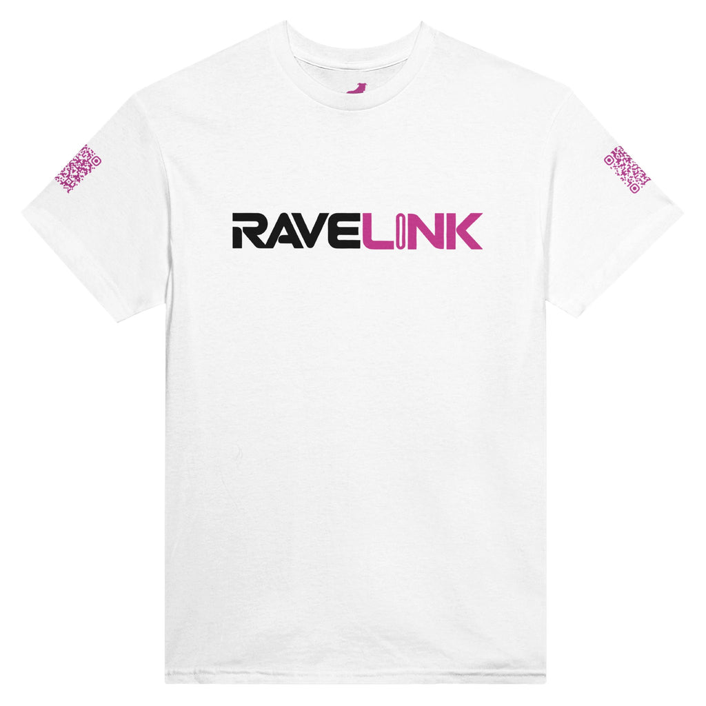 a white rave t-shirt with a pink font that is a custom Tiktok handle - custom QR Codes on each arm - RaveLink