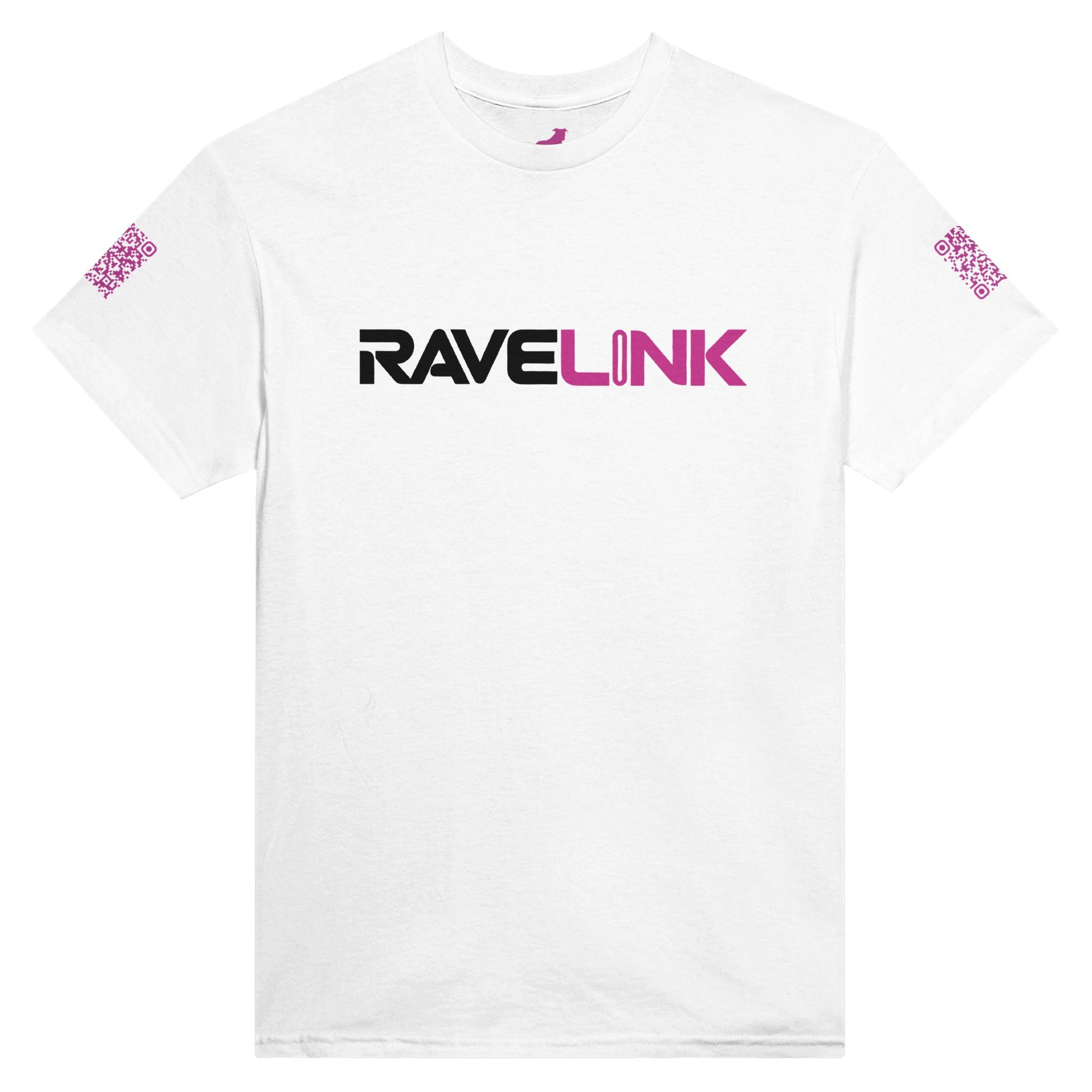 a white rave t-shirt with a pink font that is a custom Tiktok handle - custom QR Codes on each arm - RaveLink