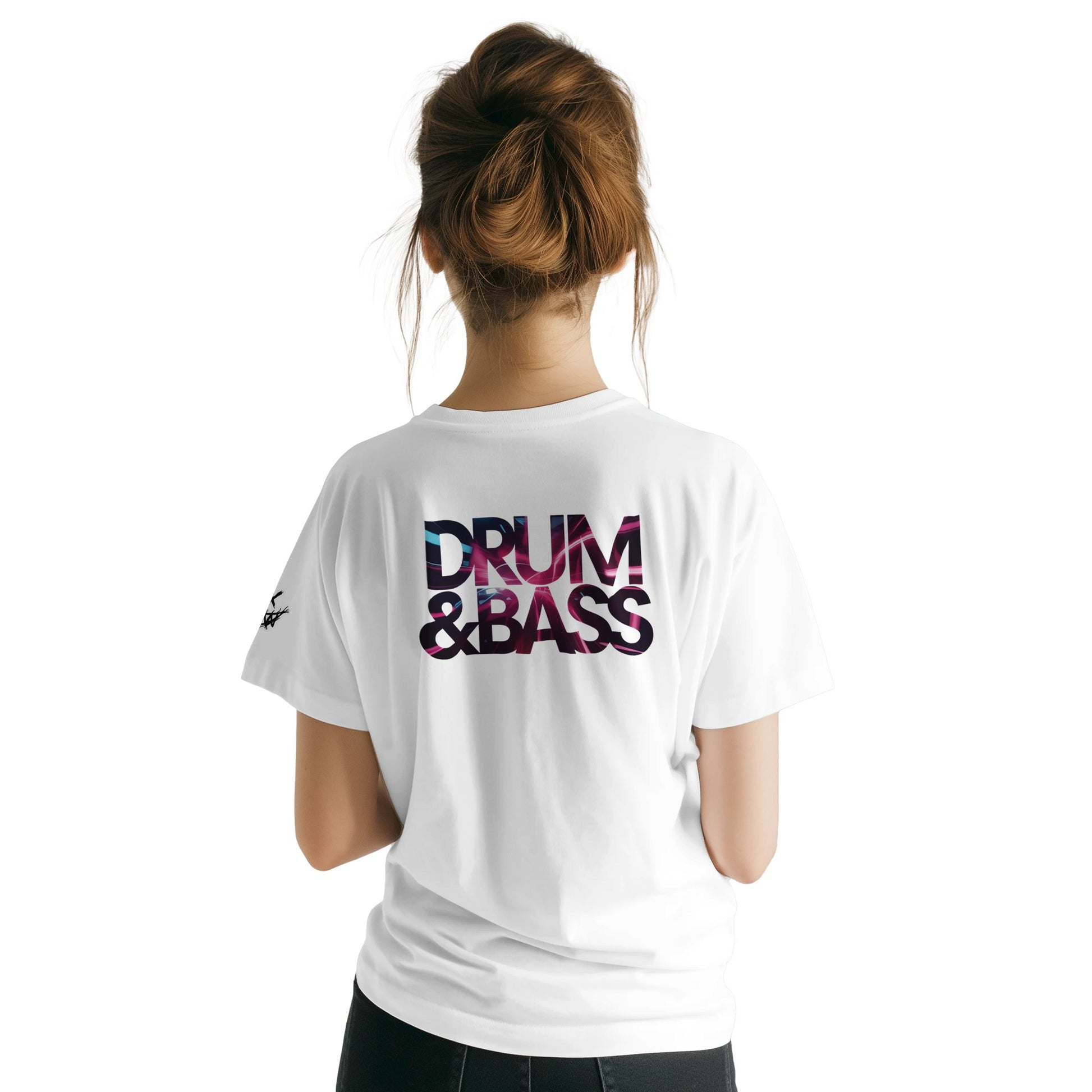 Unisex White tshirt for Adults – Music Festival Streetwear Rave Clothing – Techno, EDM, DJ Shirt - DnB Pinkish print on the back