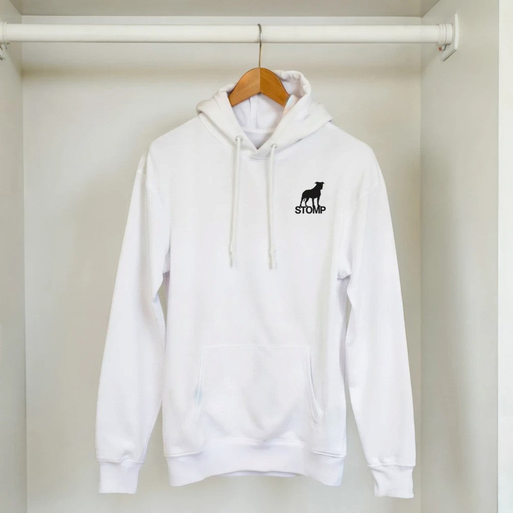 Unisex White hoodie for Adults – Music Festival Streetwear Rave Clothing – Techno, EDM, DJ Shirt - im the drum and bass father print on the back. Stomp brand