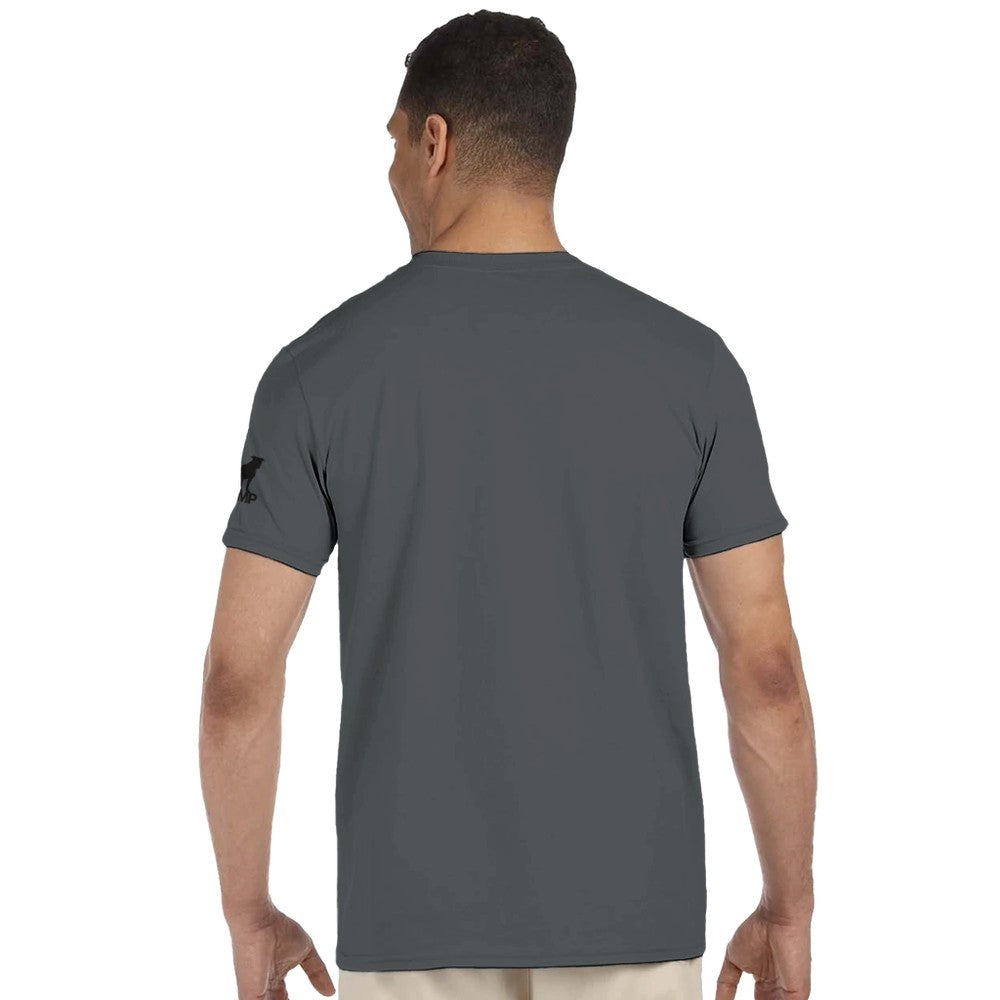 Man wearing a gray t-shirt on a white background