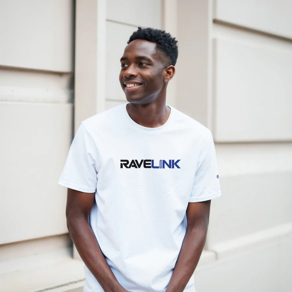 stomp ravewear - RaveLink Custom QR Code - Unisex t-shirt - white with blue QR code on the back