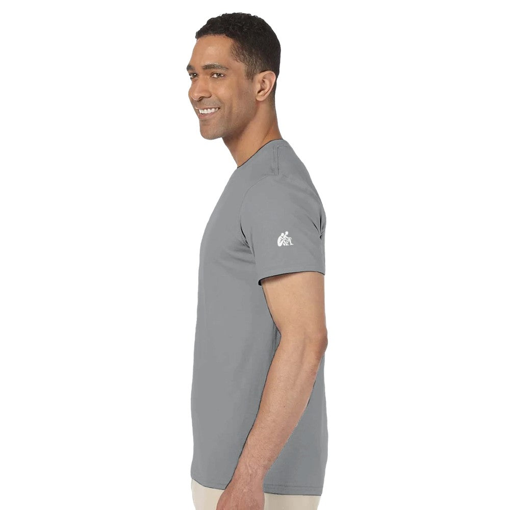 Man wearing a gray t-shirt with a logo on a white background