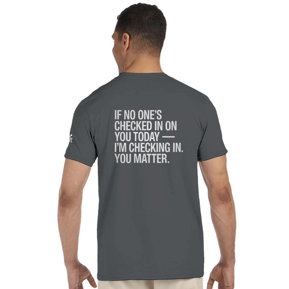 Unisex Mental health ravers t-shirt - adults - if no ones checked in today this is me checking in, you matter print - grey in colour - mental health awareness 