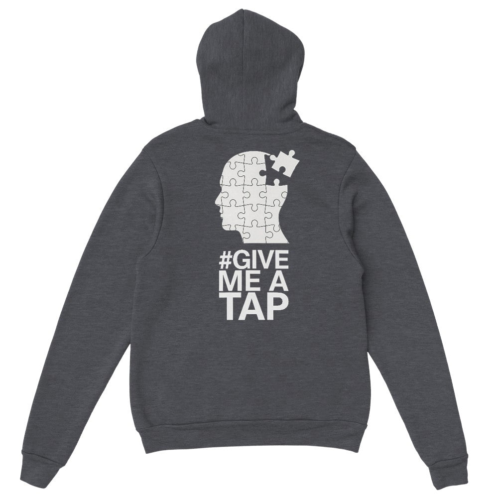 Gray hoodie with a puzzle piece design and text on the back against a white background