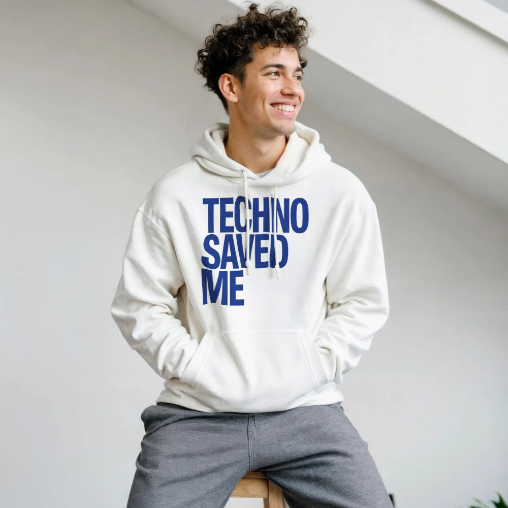 Techno Saved Me in big Blue bold font - unisex rave hoodie - white