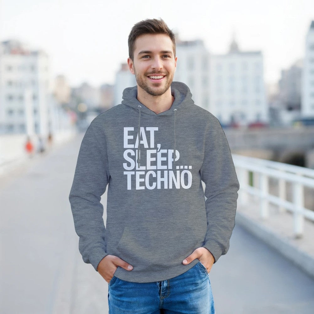 Unisex Grey Hoodie for Adults – Music Festival Streetwear Rave Clothing – Techno, EDM, DJ Shirt - Eat Sleep Techno print