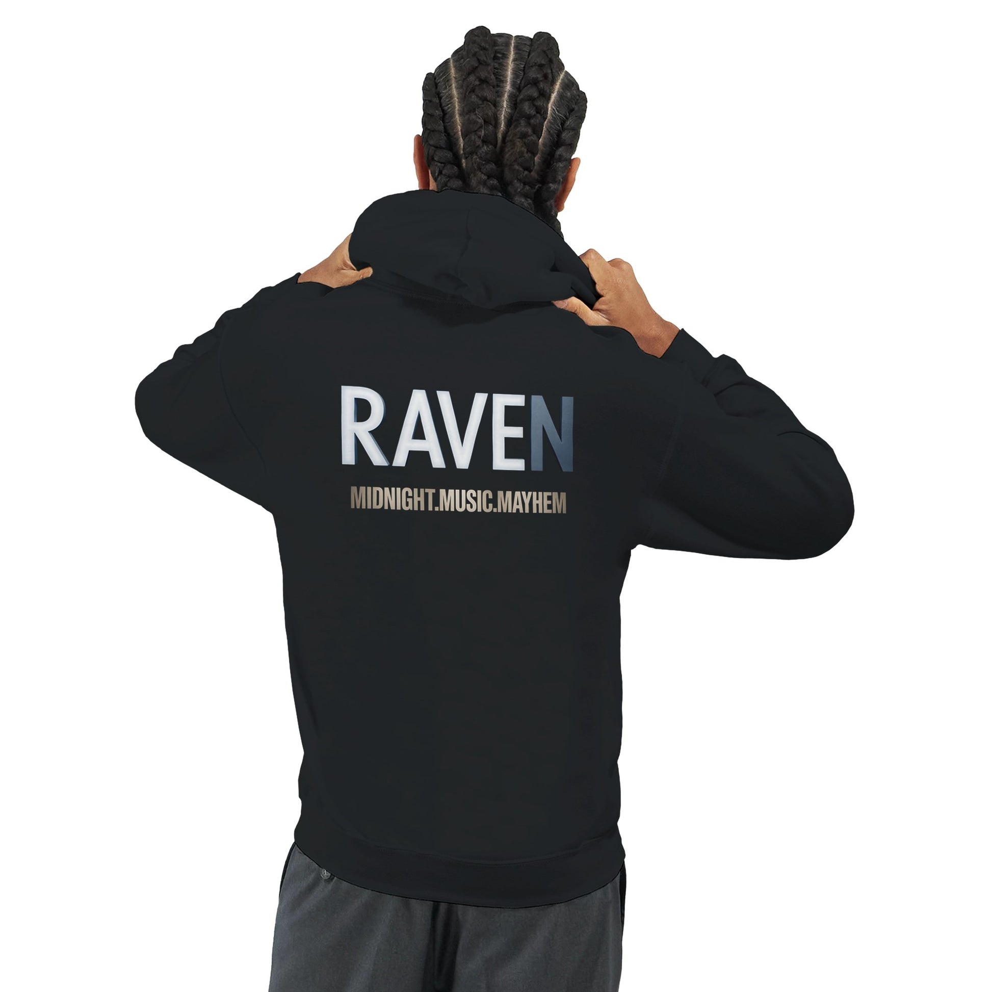 Unisex Black Hoodie for Adults – Music Festival Streetwear Rave Clothing – Techno, EDM, DJ Shirt - Raven Midnight Music Masness print