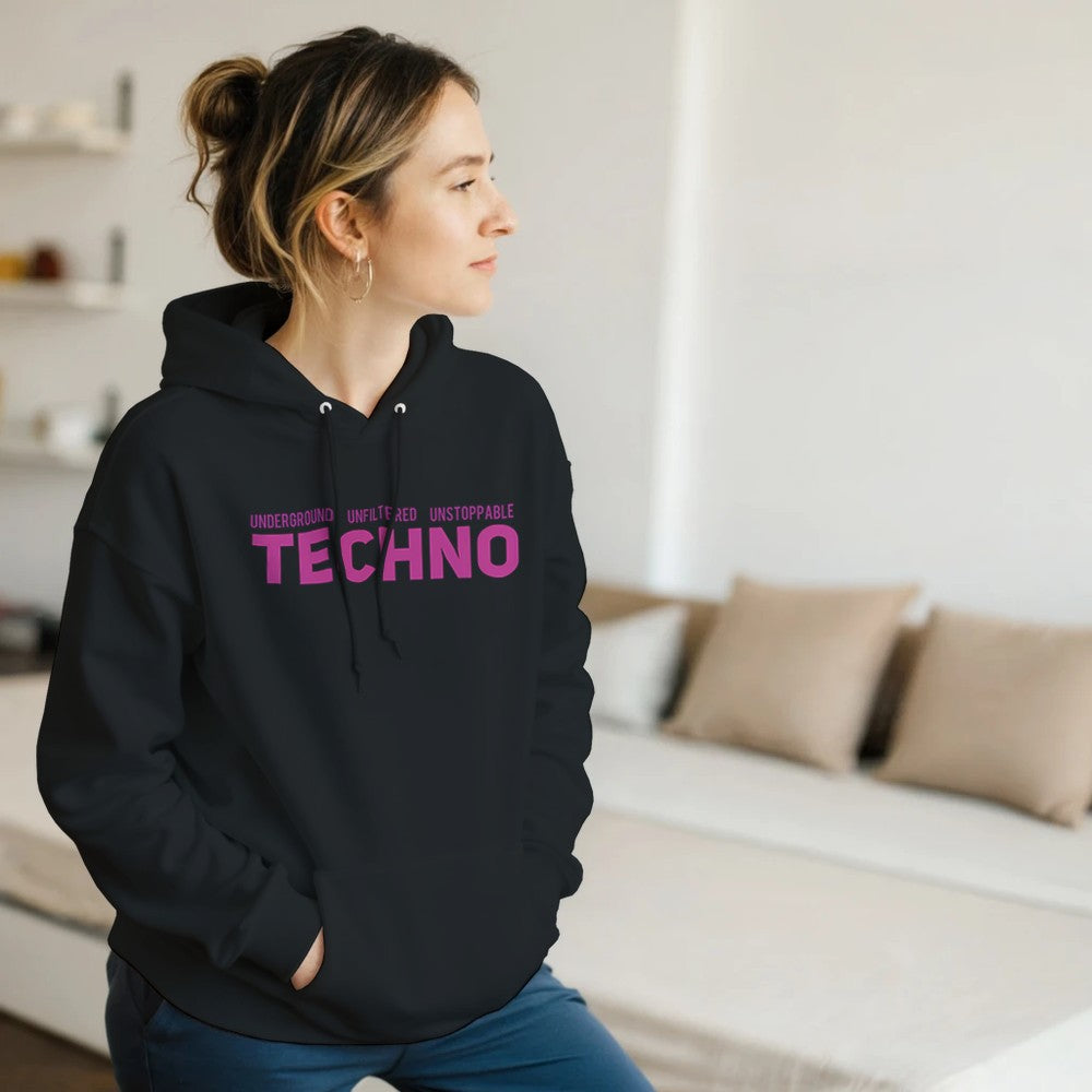 underground unfiltered unstoppable in big bold pink font - unisex techno rave stomp hoodie - black
