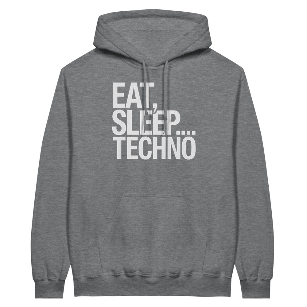 Unisex Grey Hoodie for Adults – Music Festival Streetwear Rave Clothing – Techno, EDM, DJ Shirt - Eat Sleep Techno print