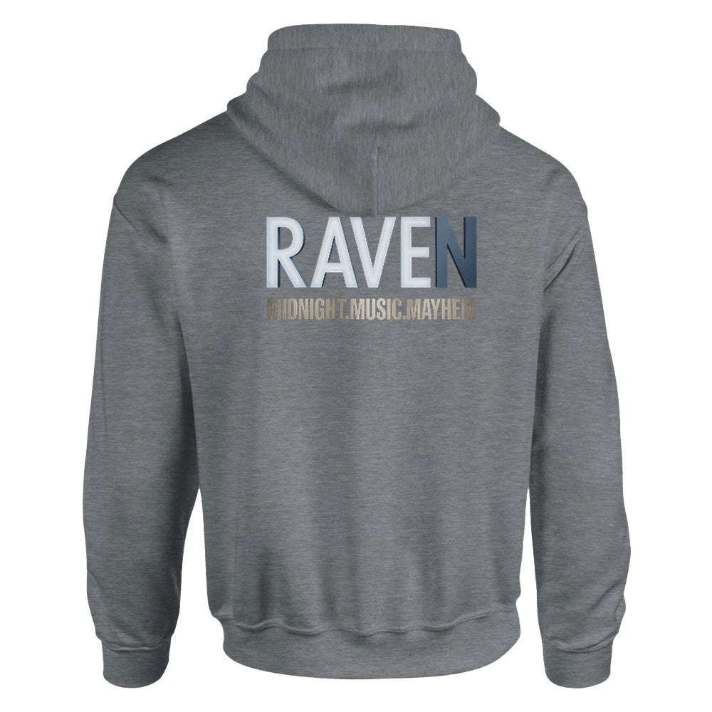 Unisex Grey hoodie for Adults – Music Festival Streetwear Rave Clothing – Techno, EDM, DJ Shirt - Raven midnight music mayhem print on the back. Stomp brand