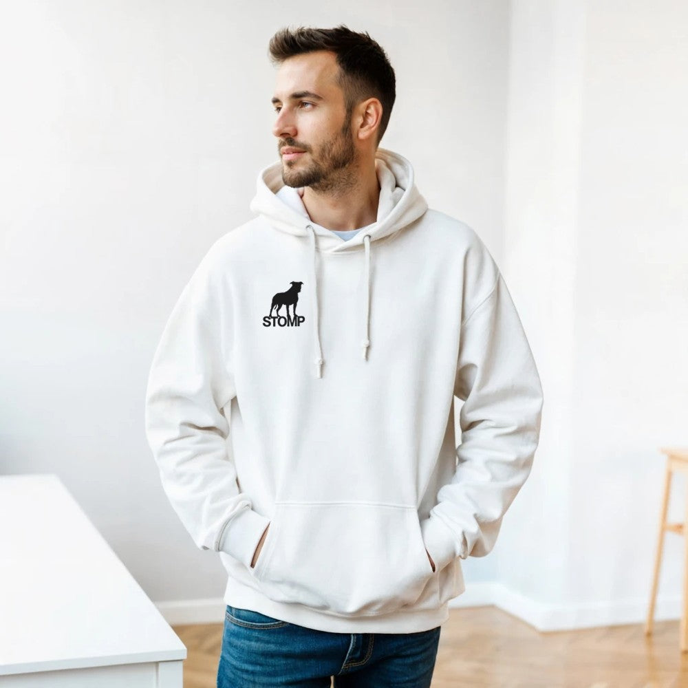 Unisex  White hoodie for Adults – Music Festival Streetwear Rave Clothing – Techno, EDM, DJ Shirt - stomp midnight music mayhem print on the back