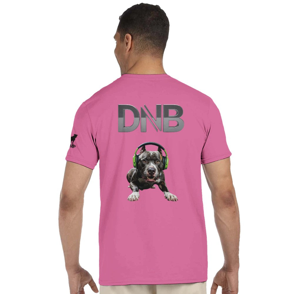 Unisex Pink tshirt for Adults – Music Festival Streetwear Rave Clothing – Techno, EDM, DJ Shirt - A dog wearing headphones listening to Drum and Bass music on the back