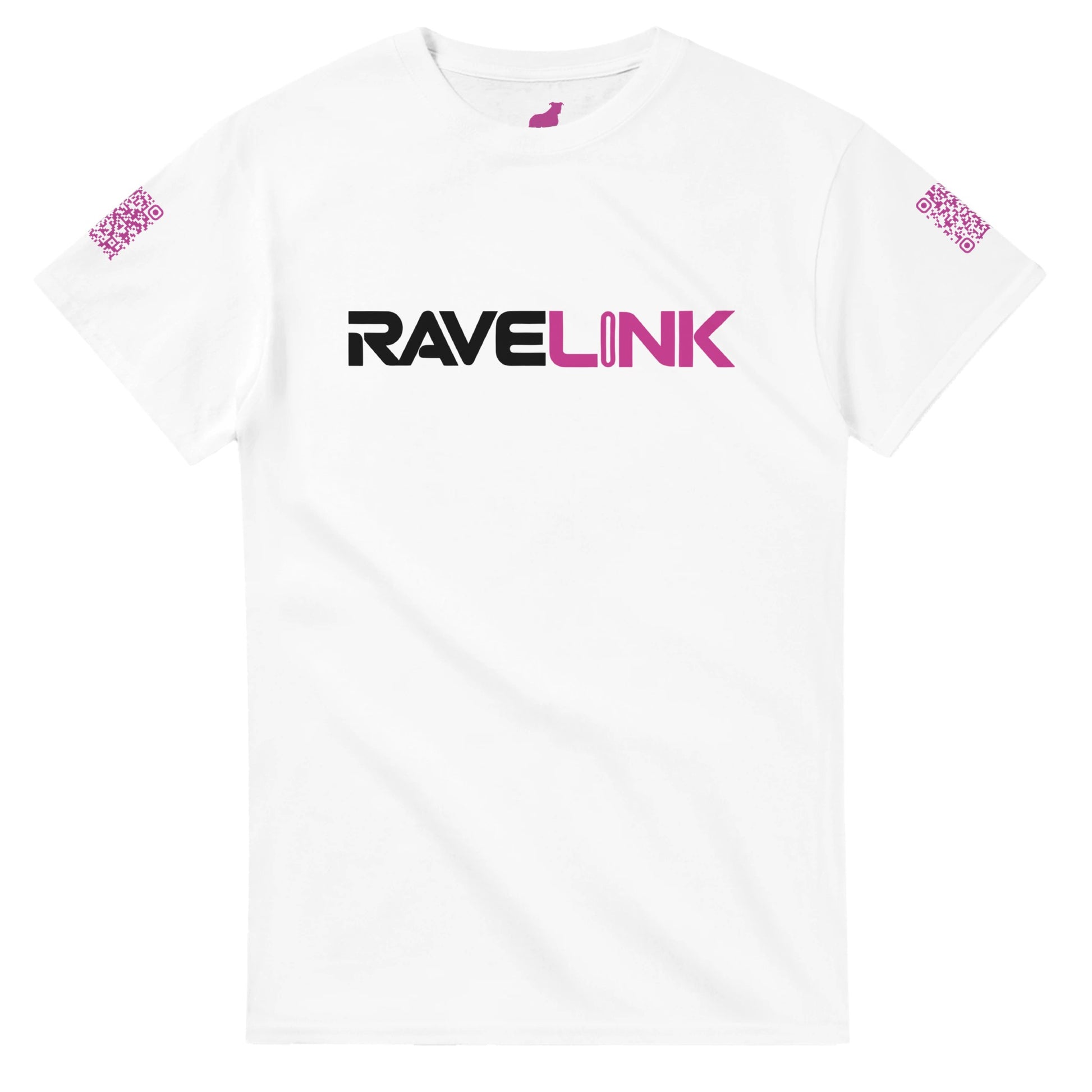 a white rave t-shirt with a pink font that is a custom Tiktok handle - custom QR Codes on each arm - RaveLink