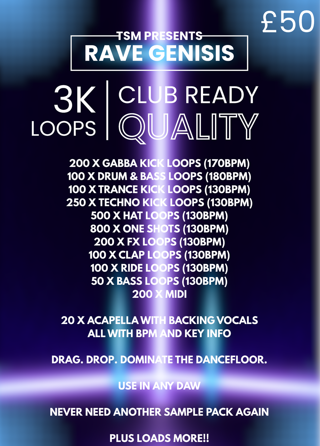 3k of sample, vocal and loops - club ready, professional sample pack - use with any DAW, drag and drop ready. All BPM and key labelled, Rave Genisis