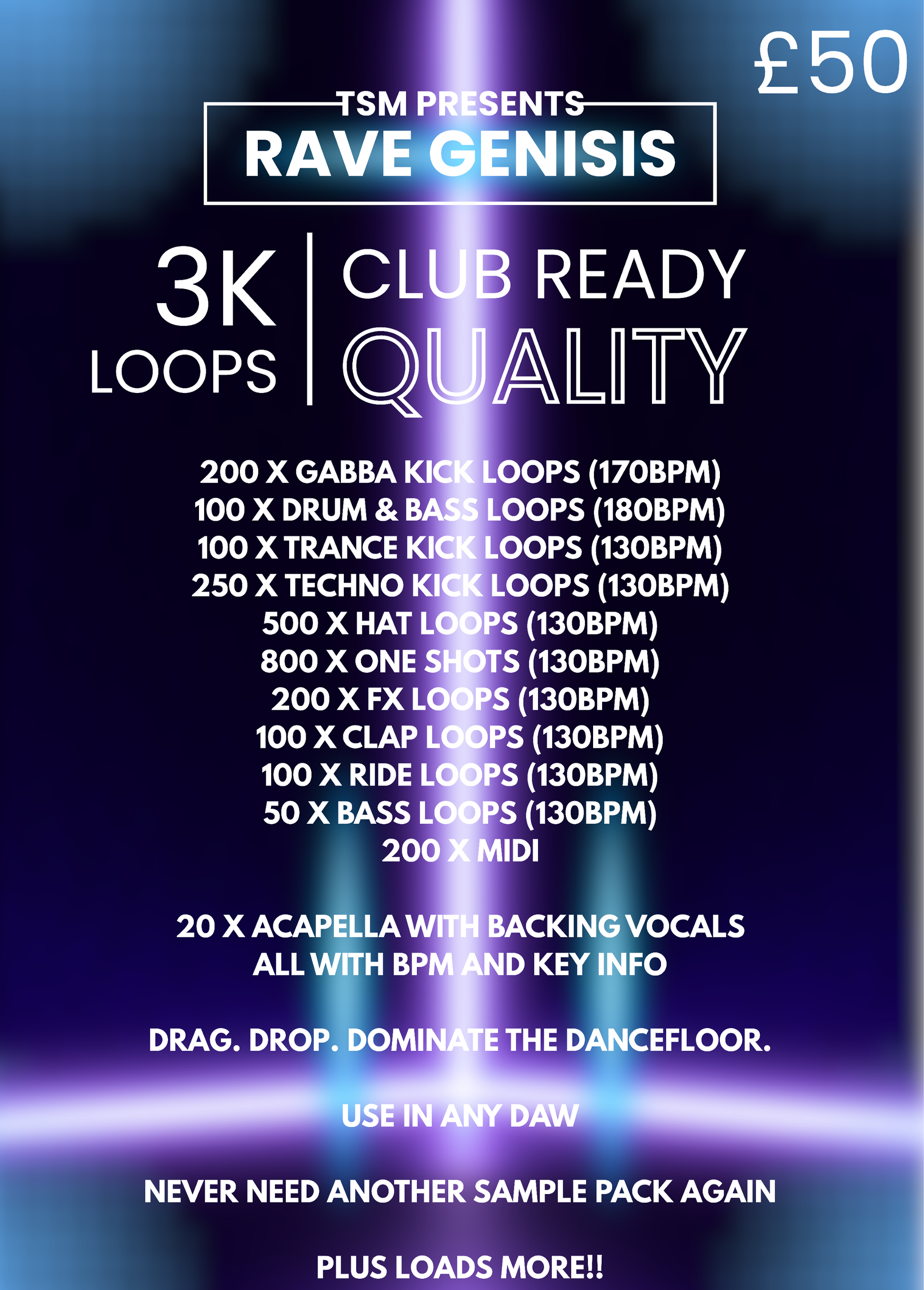 3k of sample, vocal and loops - club ready, professional sample pack - use with any DAW, drag and drop ready. All BPM and key labelled, Rave Genisis