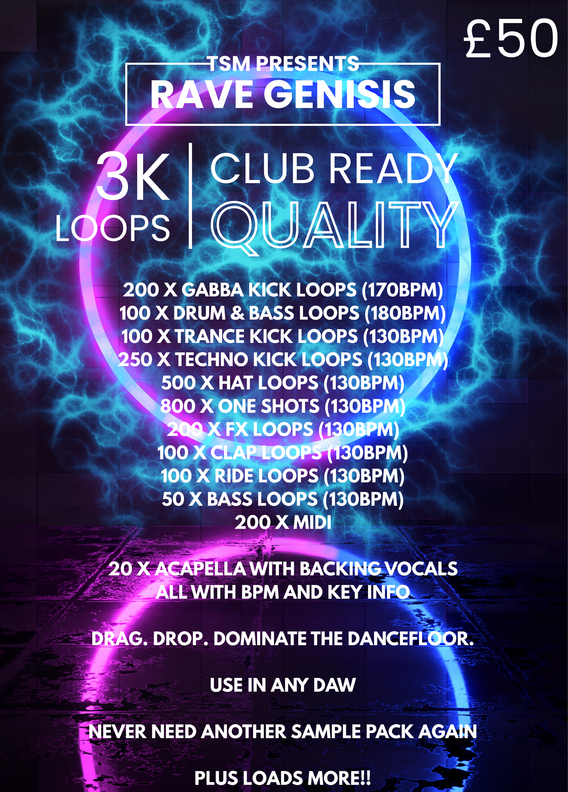 3k of sample, vocal and loops - club ready, professional sample pack - use with any DAW, drag and drop ready. All BPM and key labelled, Rave Genisis