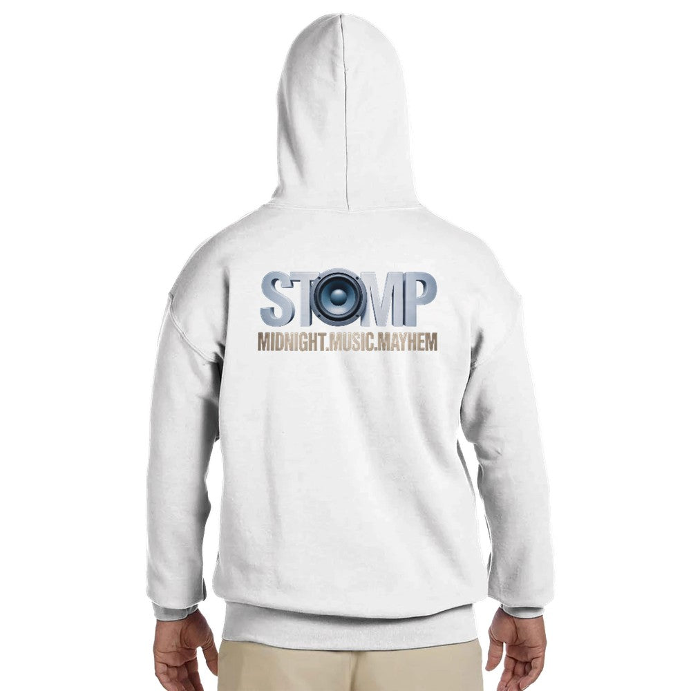 Unisex  White hoodie for Adults – Music Festival Streetwear Rave Clothing – Techno, EDM, DJ Shirt - stomp midnight music mayhem print on the back