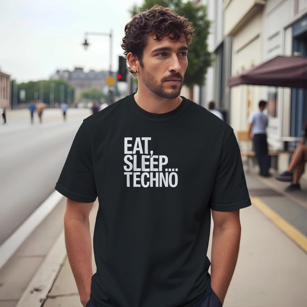 EAT SLEEP TECHNO - TECHNO RAVE UNISEX TSHIRT - BLACK