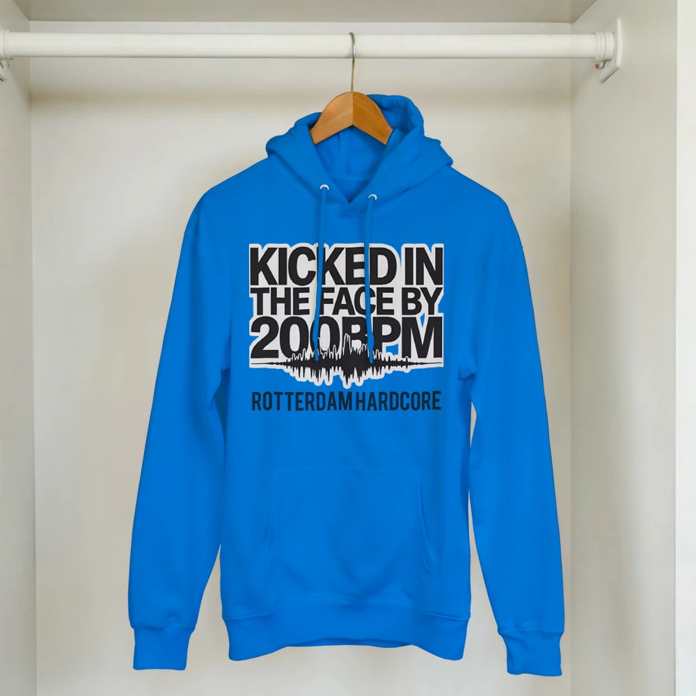 Kicked In The Face with 200bpm unisex hoodie - printed on the front - blue