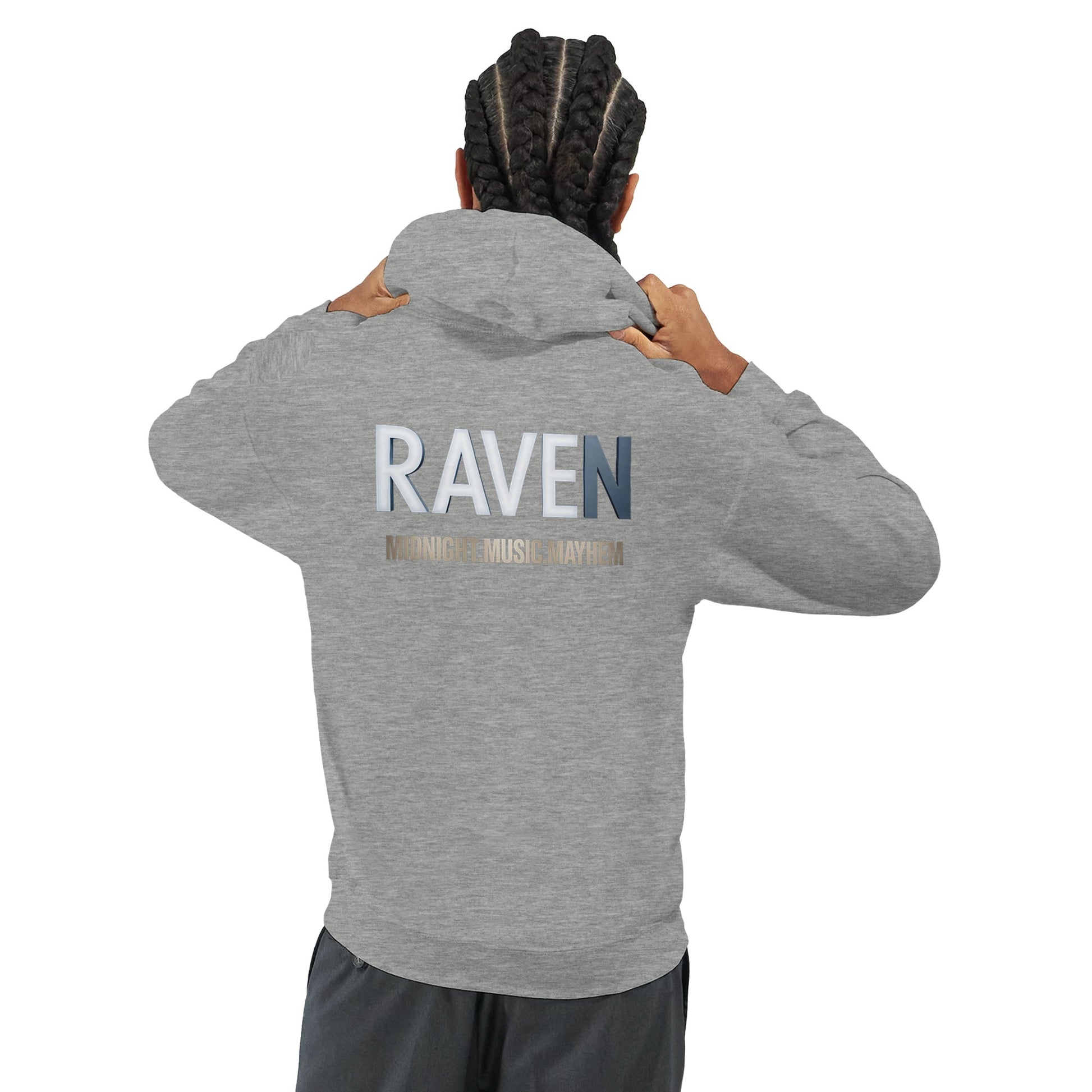 Unisex Grey Hoodie for Adults – Music Festival Streetwear Rave Clothing – Techno, EDM, DJ Shirt - Raven Midnight Music Masness print
