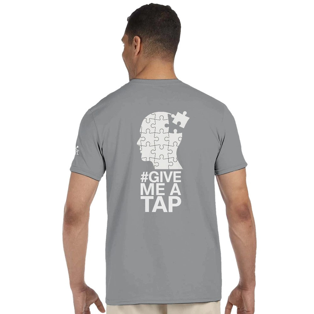 Unisex Grey T-shirt for Adults – Music Festival Streetwear Rave Clothing – Techno, EDM, DJ Shirt -  an image of a head made of puzzle pieces and the #give me a tap print