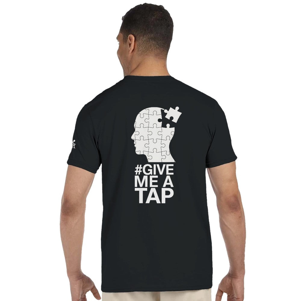 Unisex Black T-shirt for Adults – Music Festival Streetwear Rave Clothing – Techno, EDM, DJ Shirt -  an image of a head made of puzzle pieces and the #give me a tap print