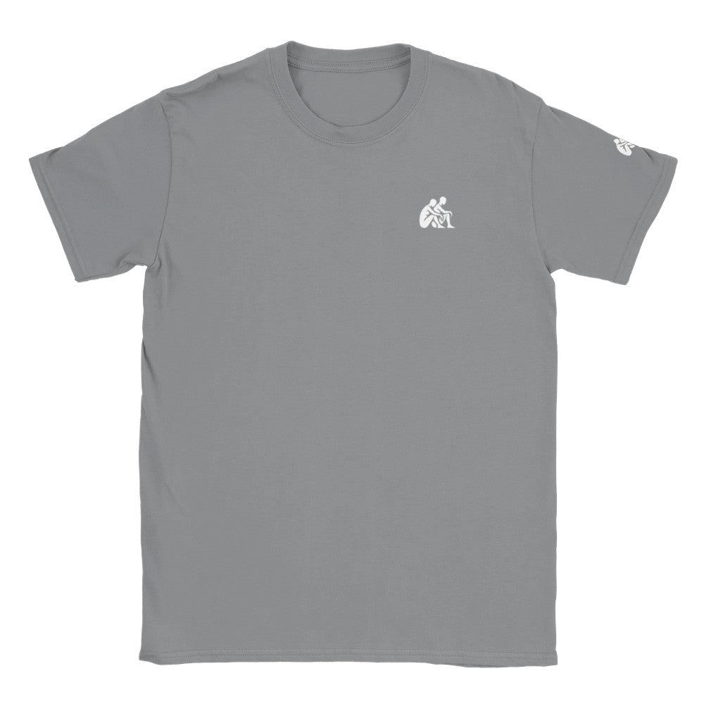 Gray t-shirt with a white logo on a white background