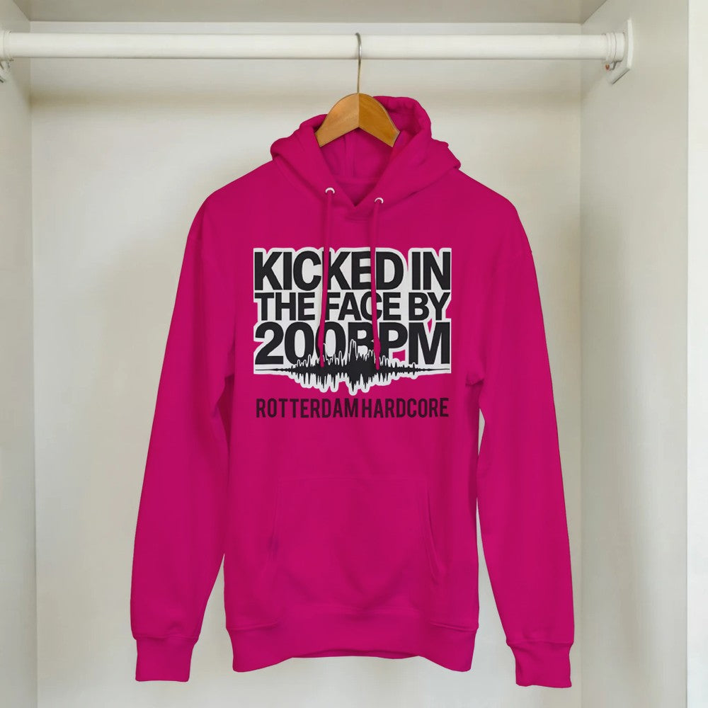 Kicked In The Face with 200bpm unisex hoodie - printed on the front - pink