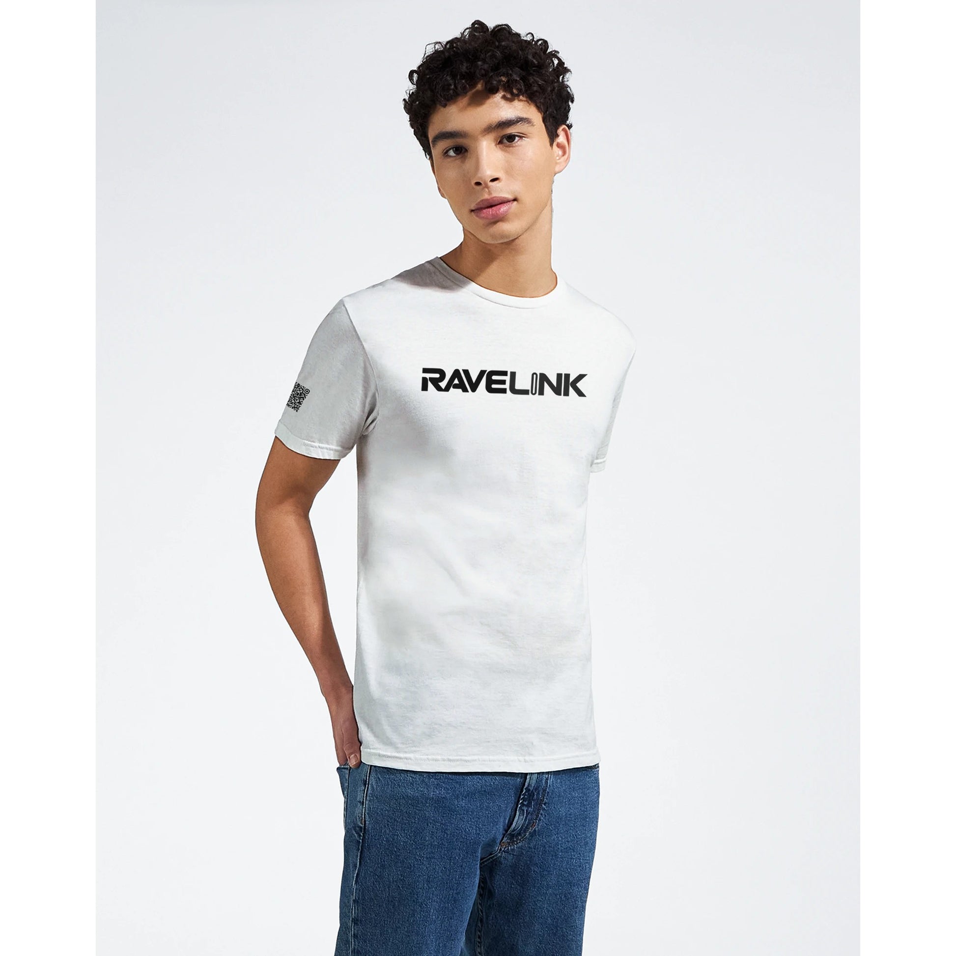 A White T-Shirt with a Black custom Tiktok handle and custom QR codes on the arms - RaveLink - 100% soft cotton - stomp ravewear