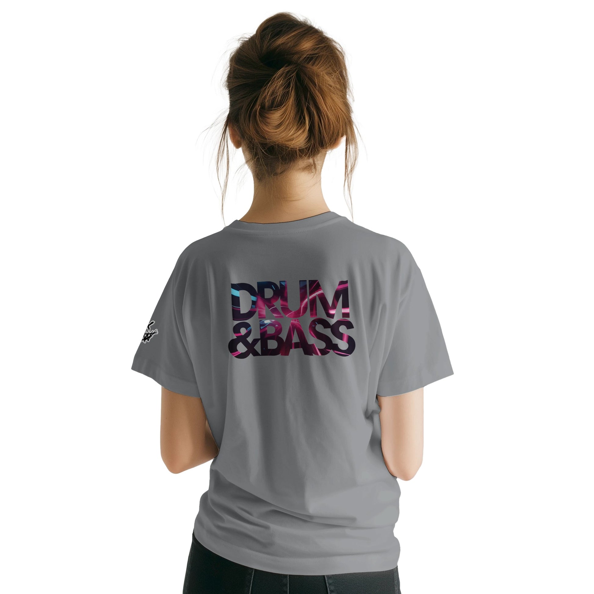 Unisex Dark Grey tshirt for Adults – Music Festival Streetwear Rave Clothing – Techno, EDM, DJ Shirt - DnB Pinkish print on the back