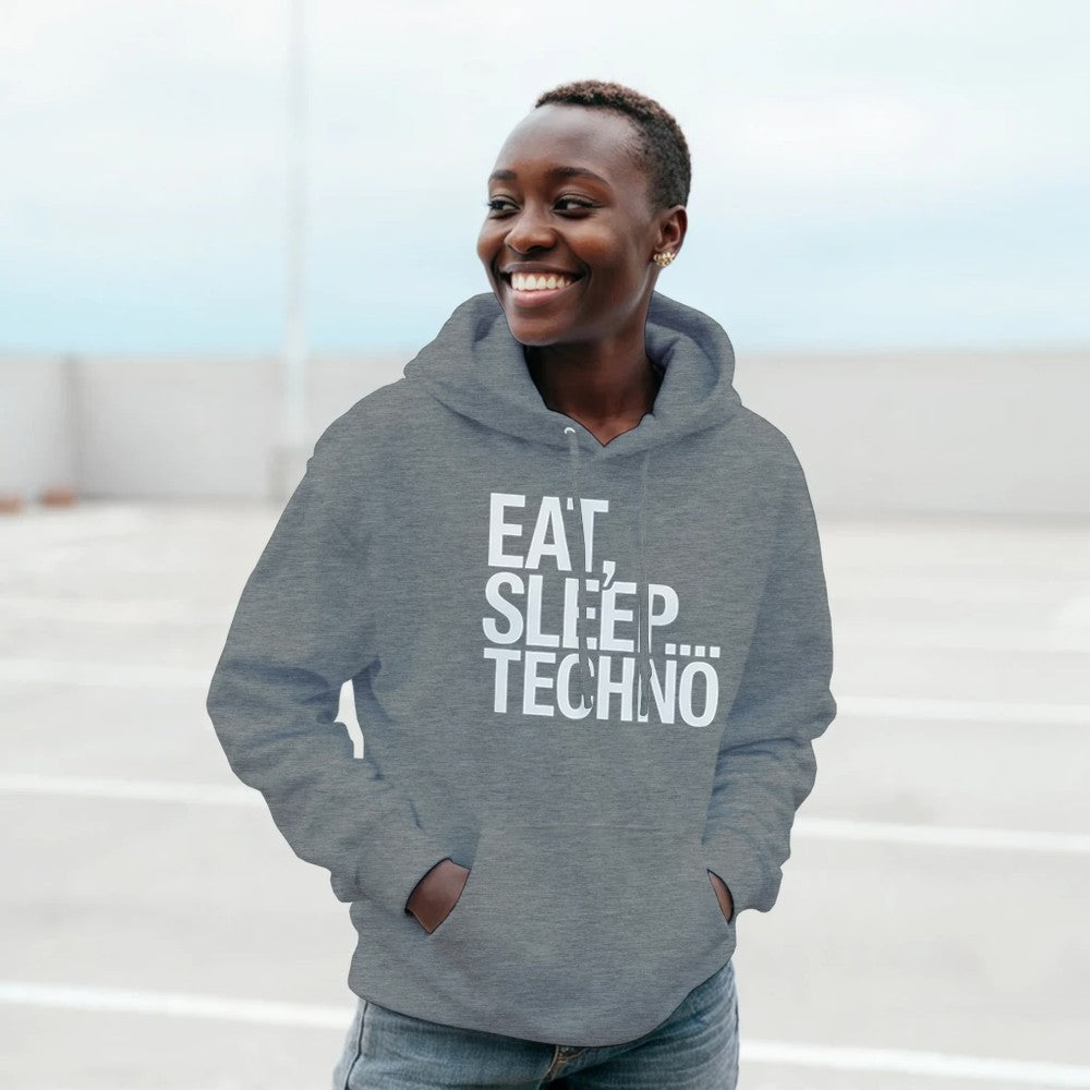 Unisex Grey Hoodie for Adults – Music Festival Streetwear Rave Clothing – Techno, EDM, DJ Shirt - Eat Sleep Techno print