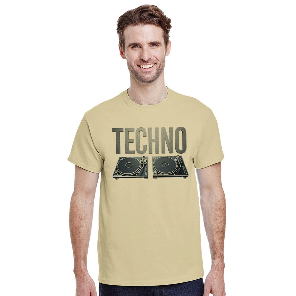 Unisex Orange T-shirt for Adults – Music Festival Streetwear Rave Clothing – Techno, EDM, DJ Shirt -  Techno with a turntable underneath