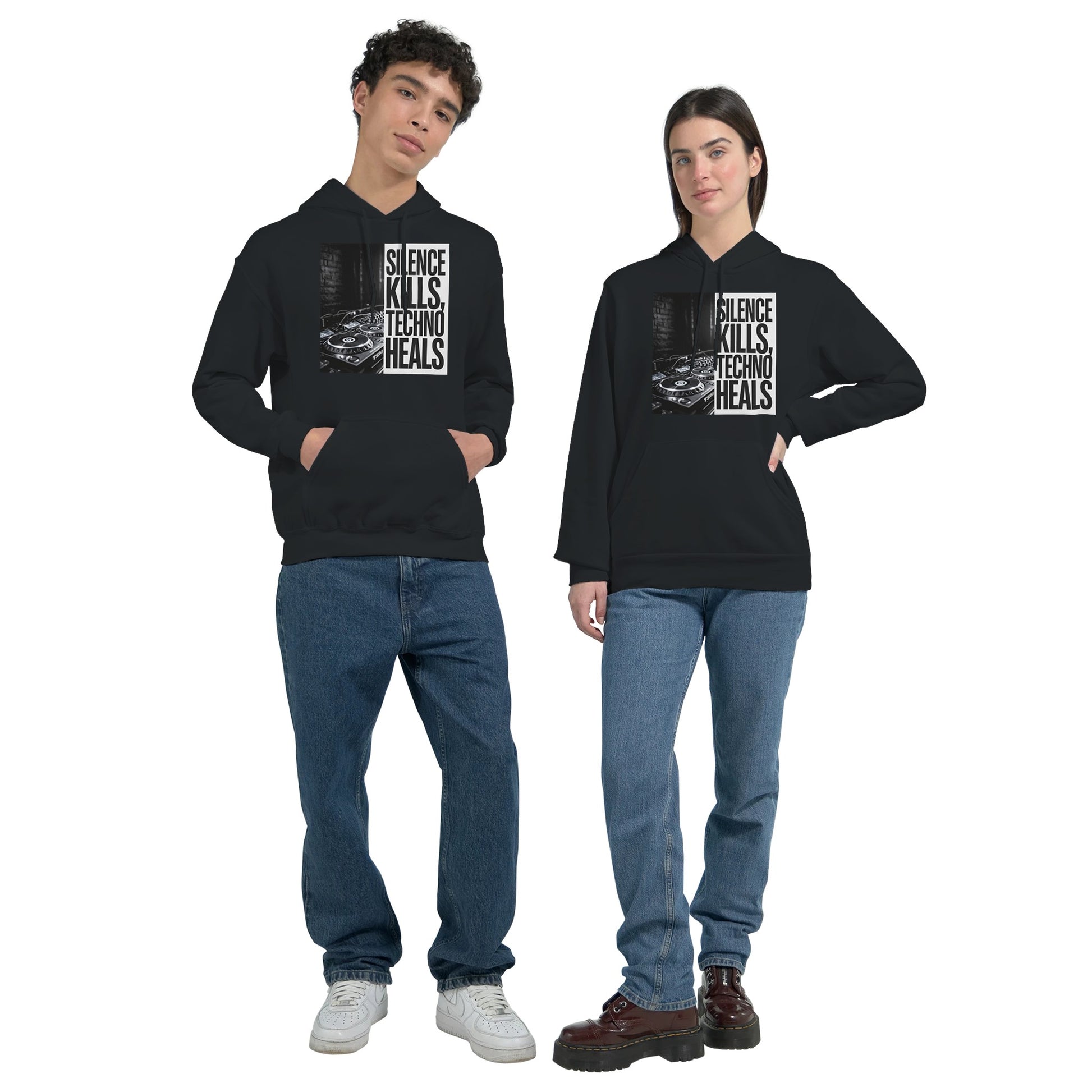 Silence Kills Techno Heals unisex rave hoodie black  front view
