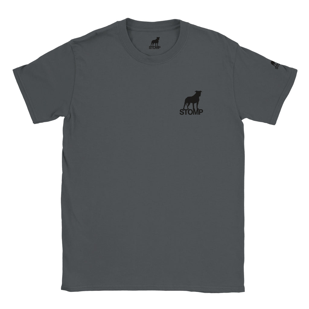 Gray t-shirt with black logo and text on a white background