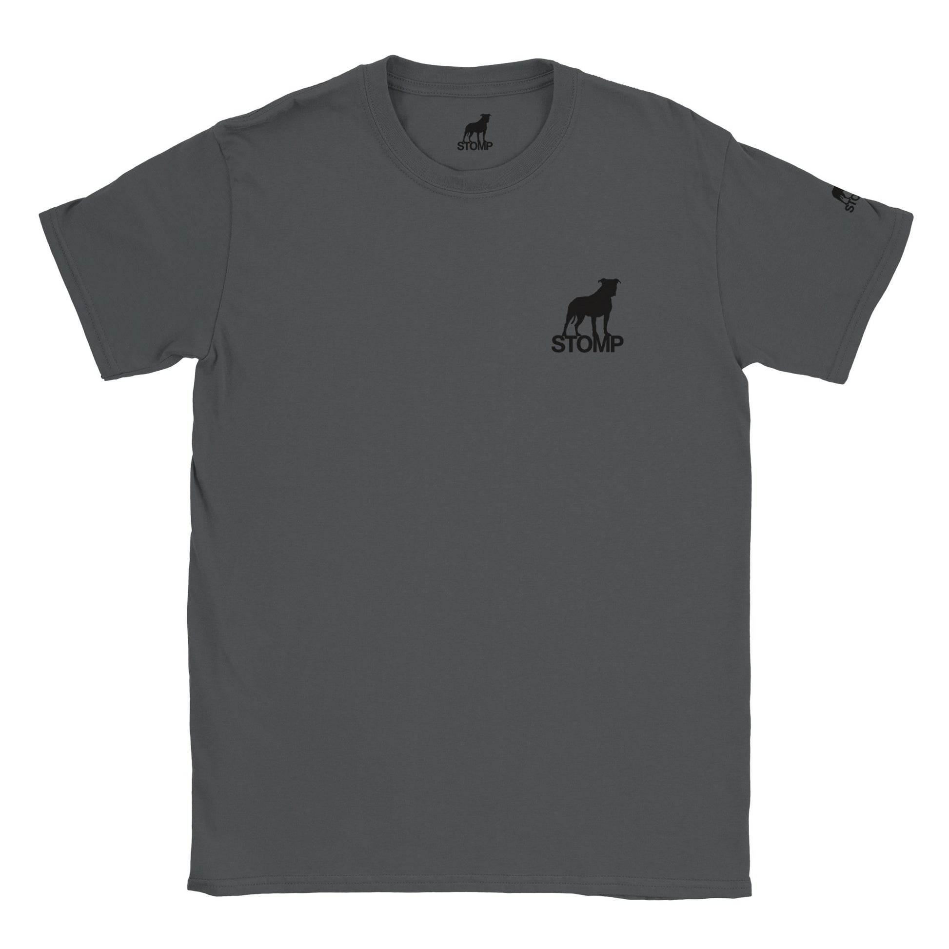 Gray t-shirt with black logo and text on a white background