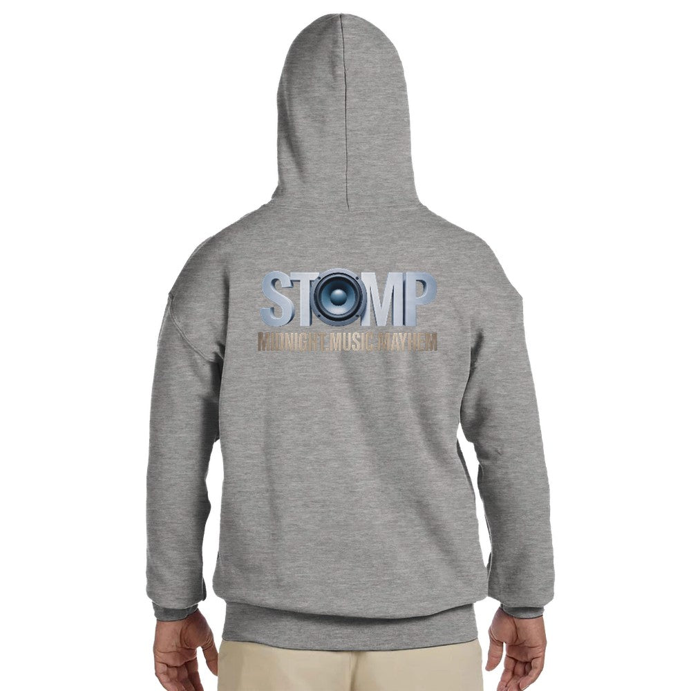 Unisex  Grey hoodie for Adults – Music Festival Streetwear Rave Clothing – Techno, EDM, DJ Shirt - stomp midnight music mayhem print on the back