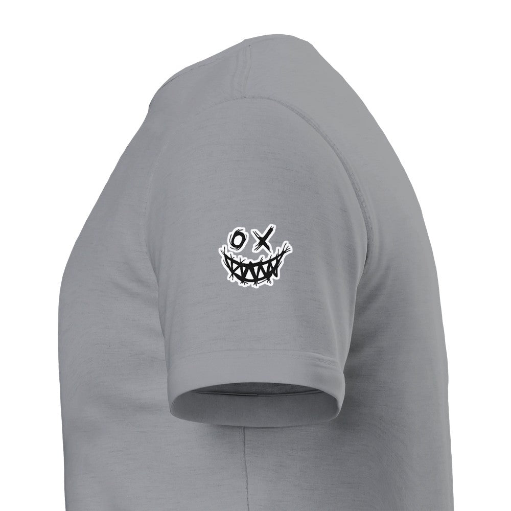 Gray t-shirt with a white graphic design on a white background