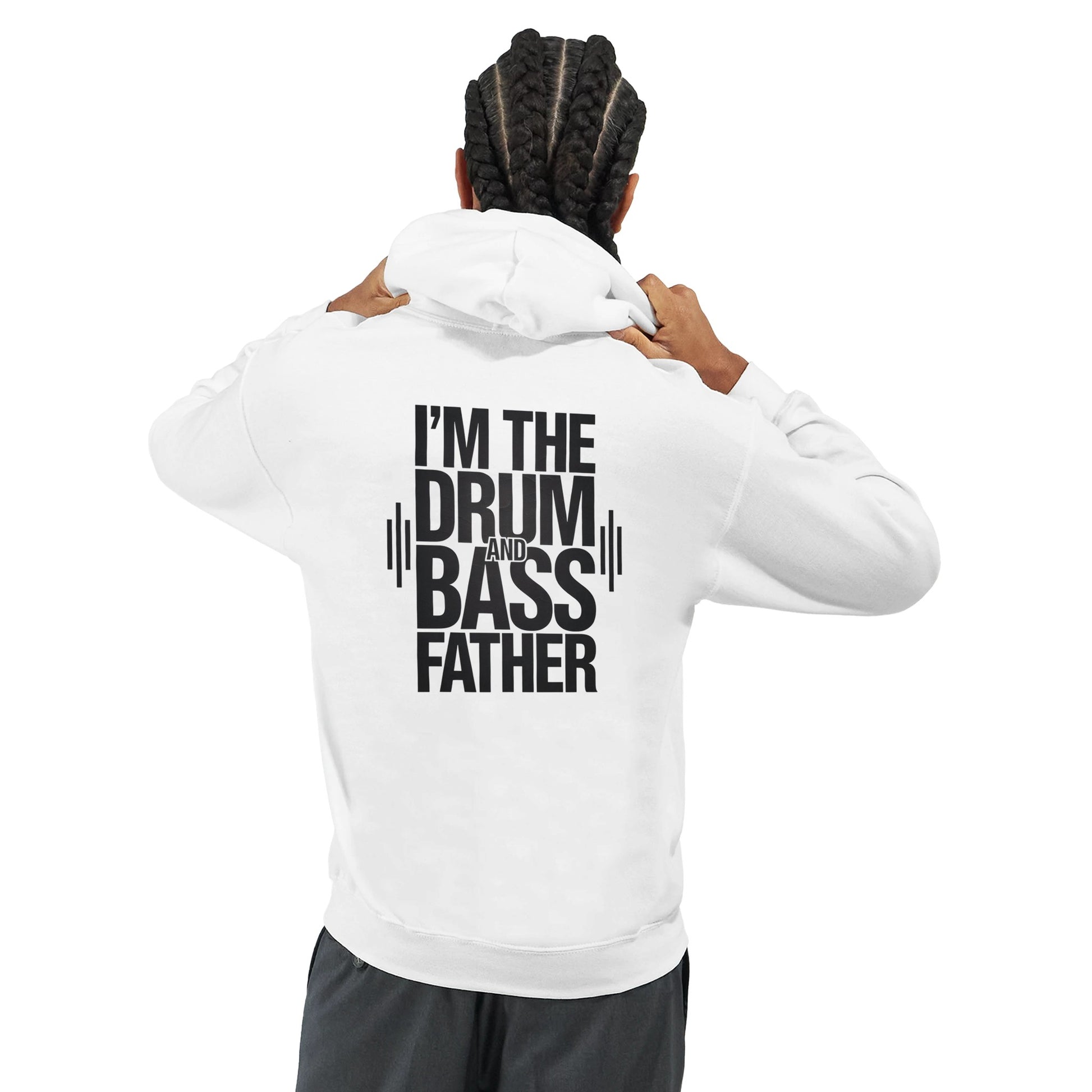 Unisex White Hoodie for Adults – Music Festival Streetwear Rave Clothing – Techno, EDM, DJ Shirt - The drum and bass father print