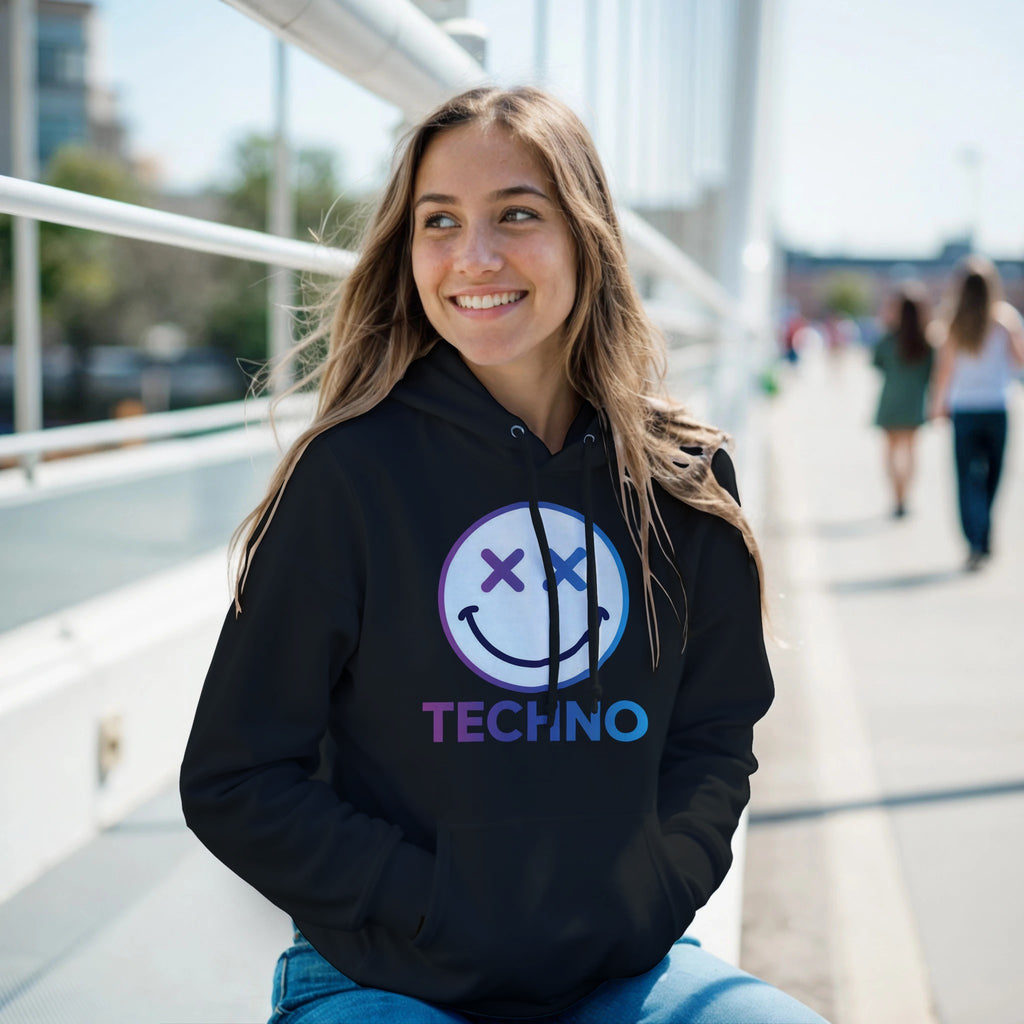 Techno smiley unisex hoodie cross eyes black front view