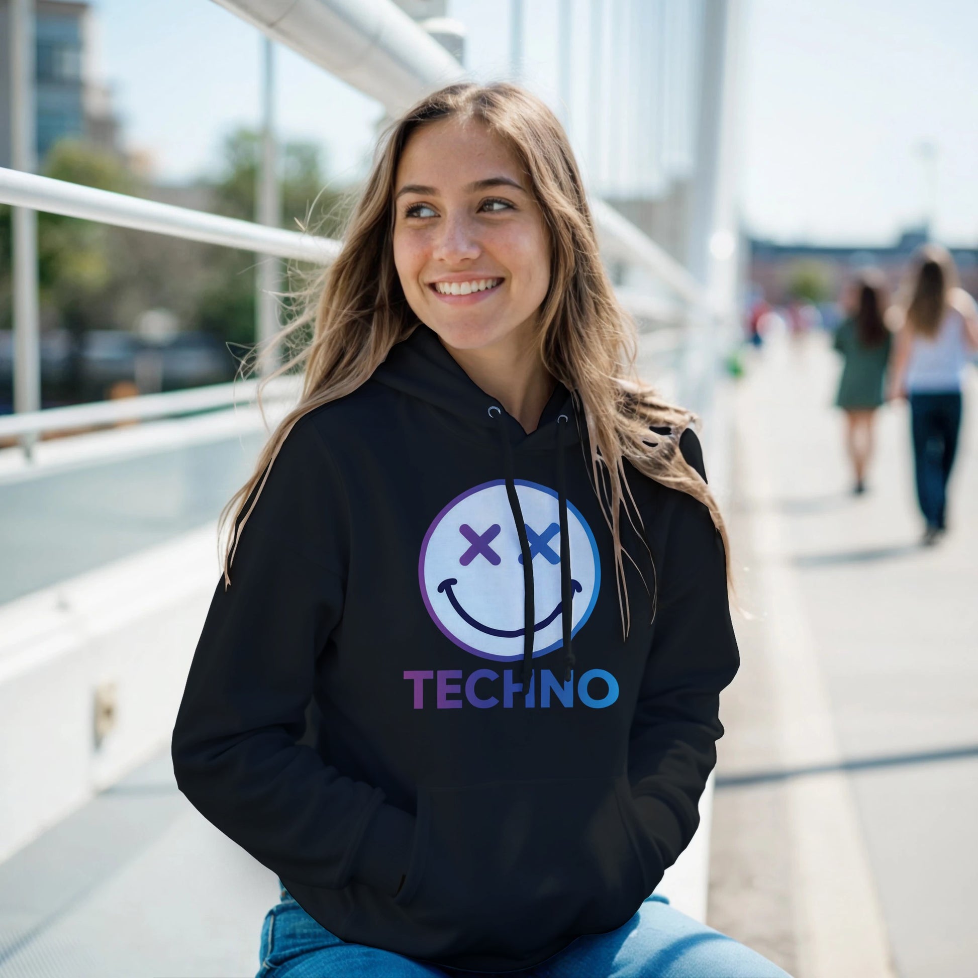 Techno smiley unisex hoodie cross eyes black front view