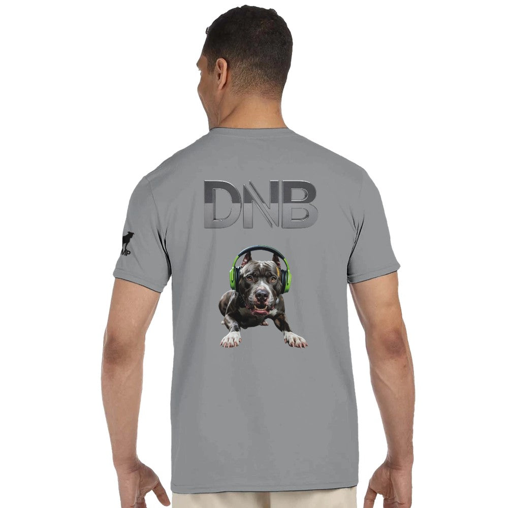 Unisex Grey tshirt for Adults – Music Festival Streetwear Rave Clothing – Techno, EDM, DJ Shirt - A dog wearing headphones listening to Drum and Bass music on the back