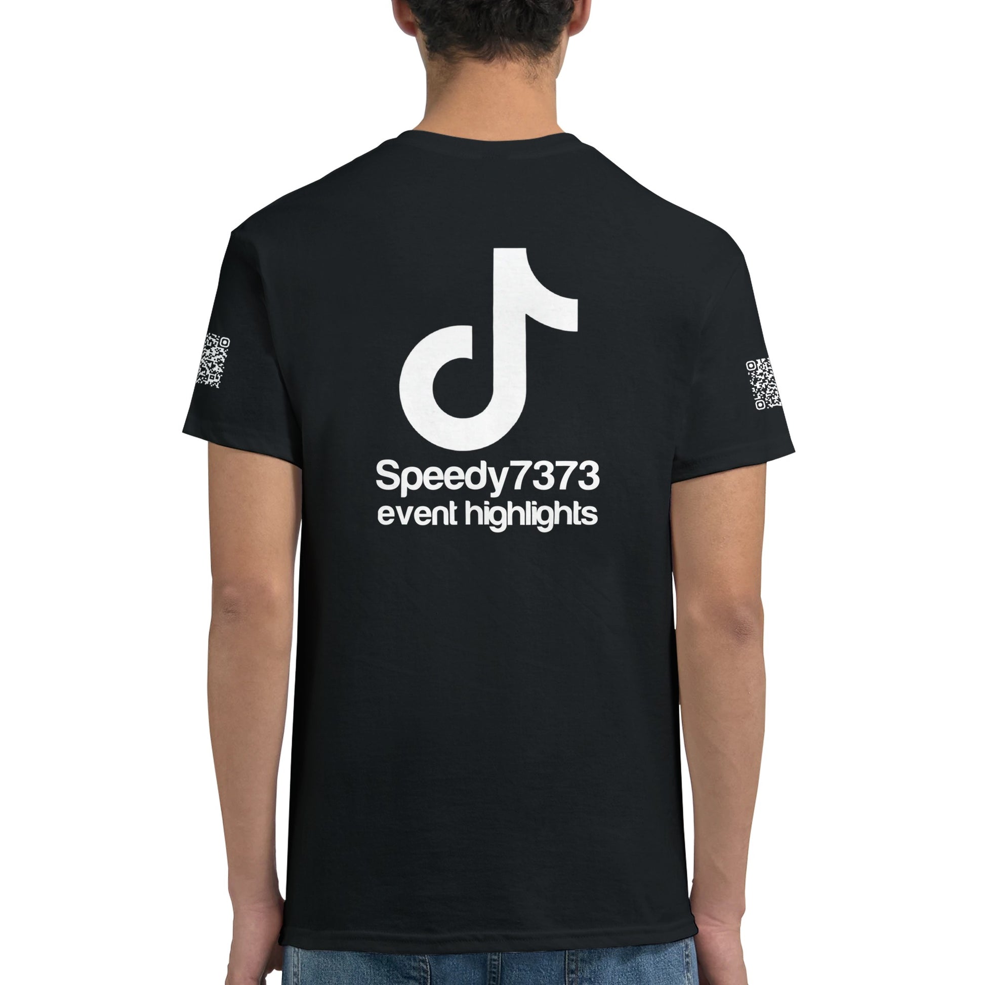 a black Rave t-shirt with a white custom Tiktok handle and custom QR codes on the arms of the shirt - RaveLink
