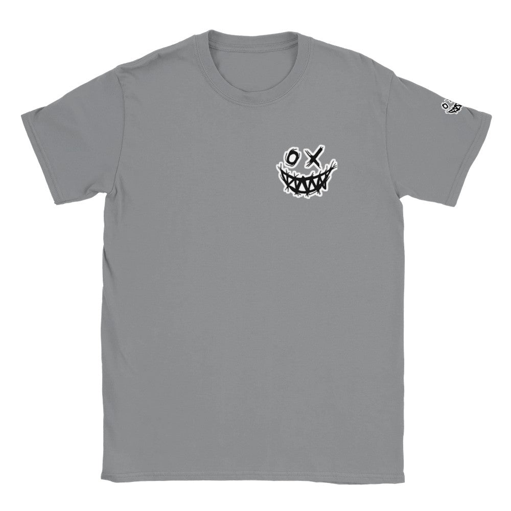 Gray t-shirt with a black and white graphic design on a white background. Techno