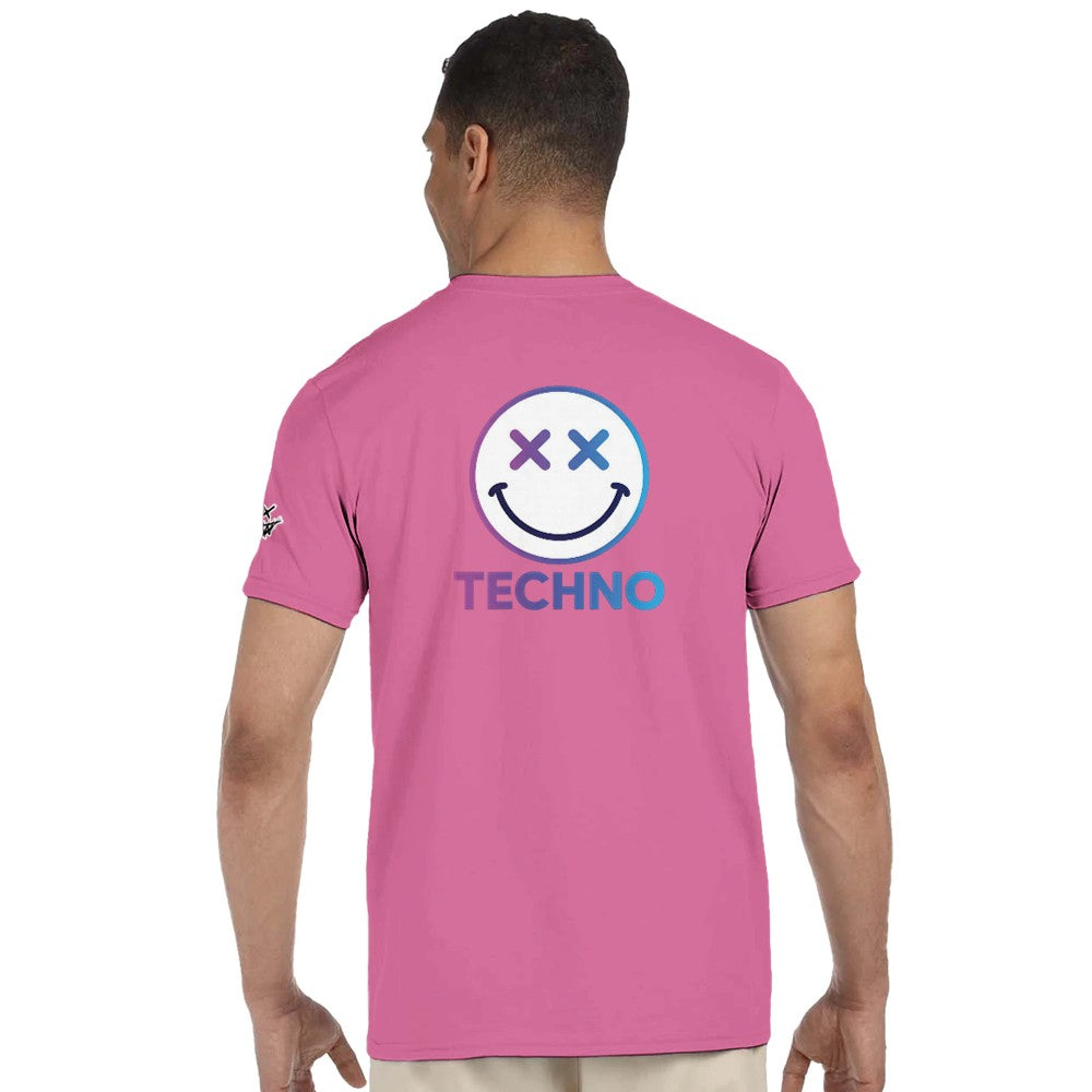 Unisex pink t-shirt for Adults – Music Festival Streetwear Rave Clothing – Techno, EDM, DJ Shirt - a blue techno smiley print