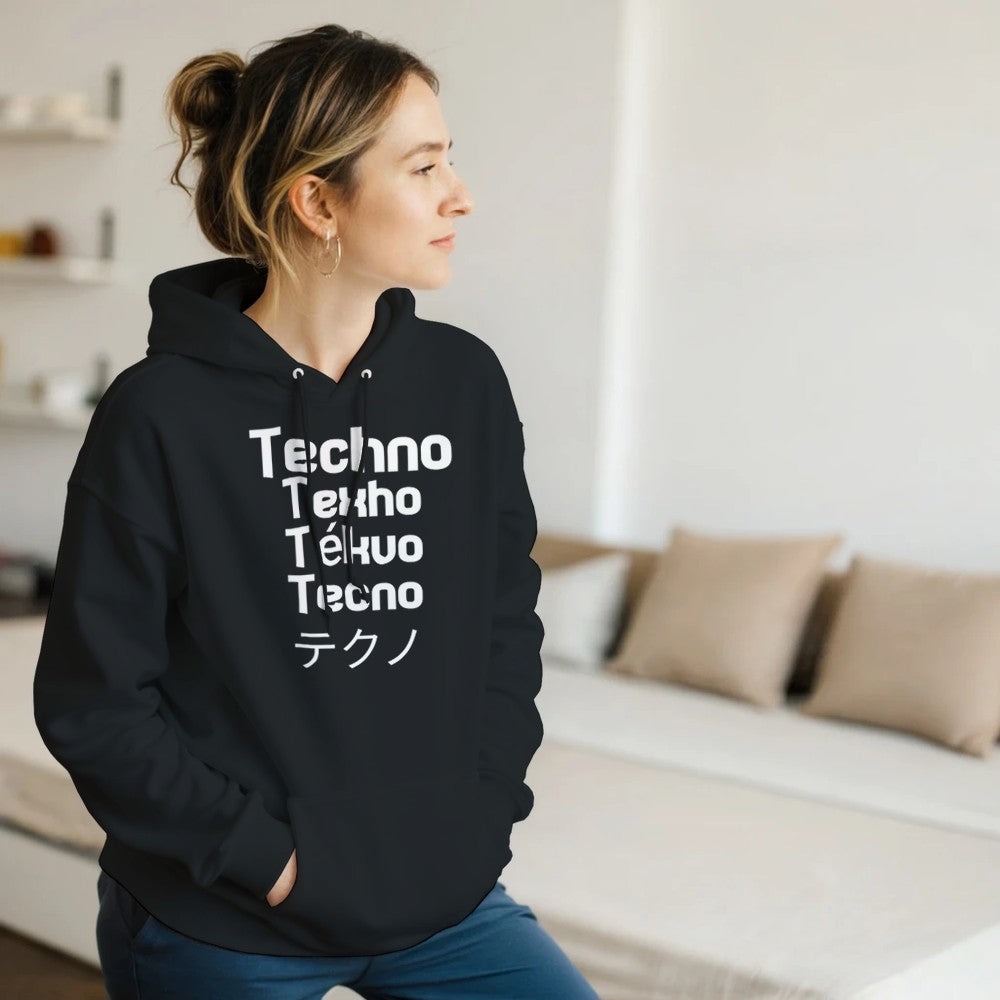 techno in different languages in a big bold white lettering - unisex rave hoodie - stomp - back