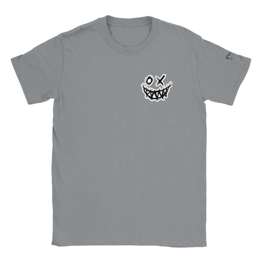 Gray t-shirt with a graphic design on a white background