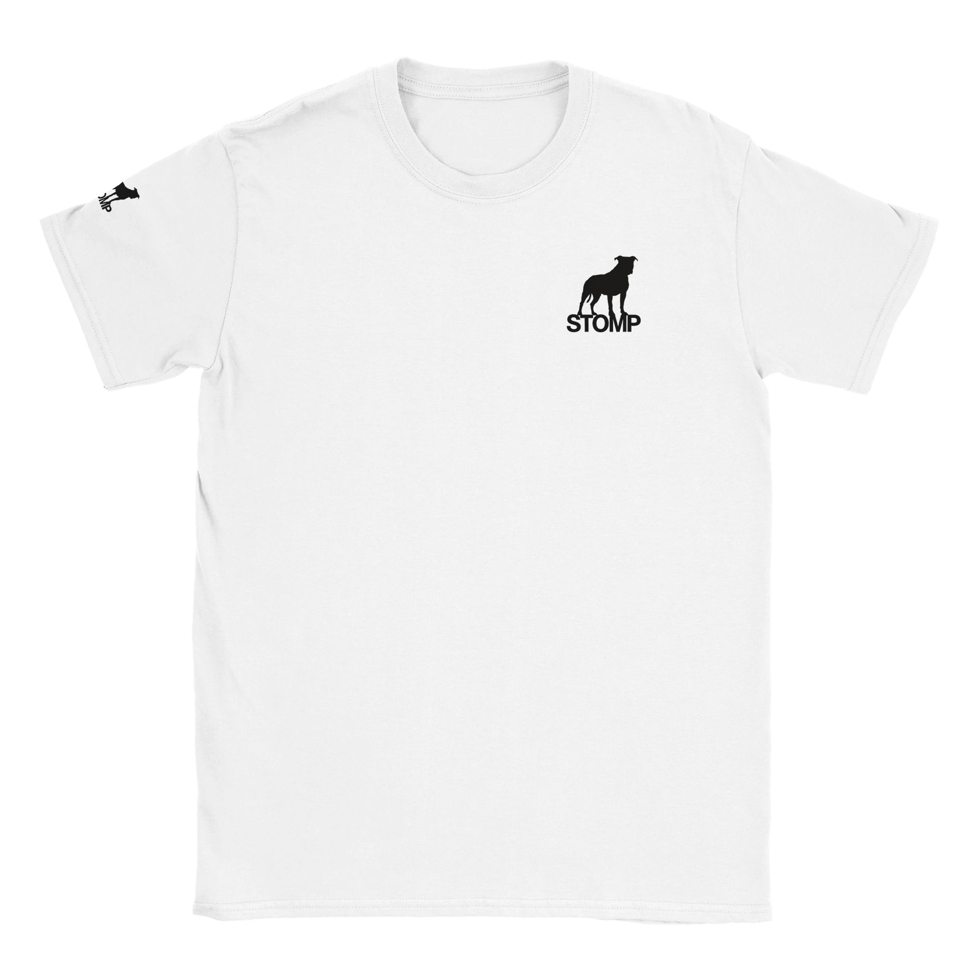 White t-shirt with black logo and text on a white background