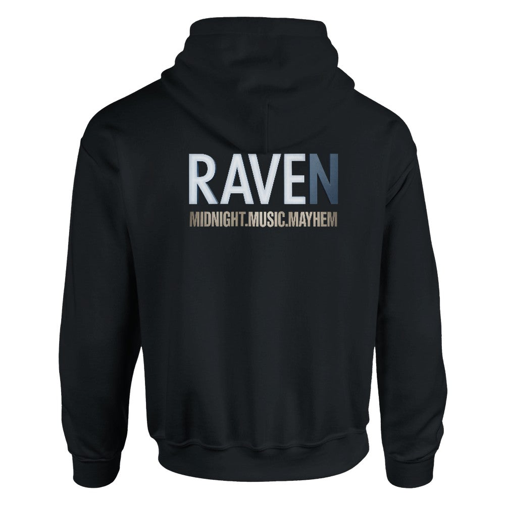 Unisex Black hoodie for Adults – Music Festival Streetwear Rave Clothing – Techno, EDM, DJ Shirt - Raven midnight music mayhem print on the back. Stomp brand