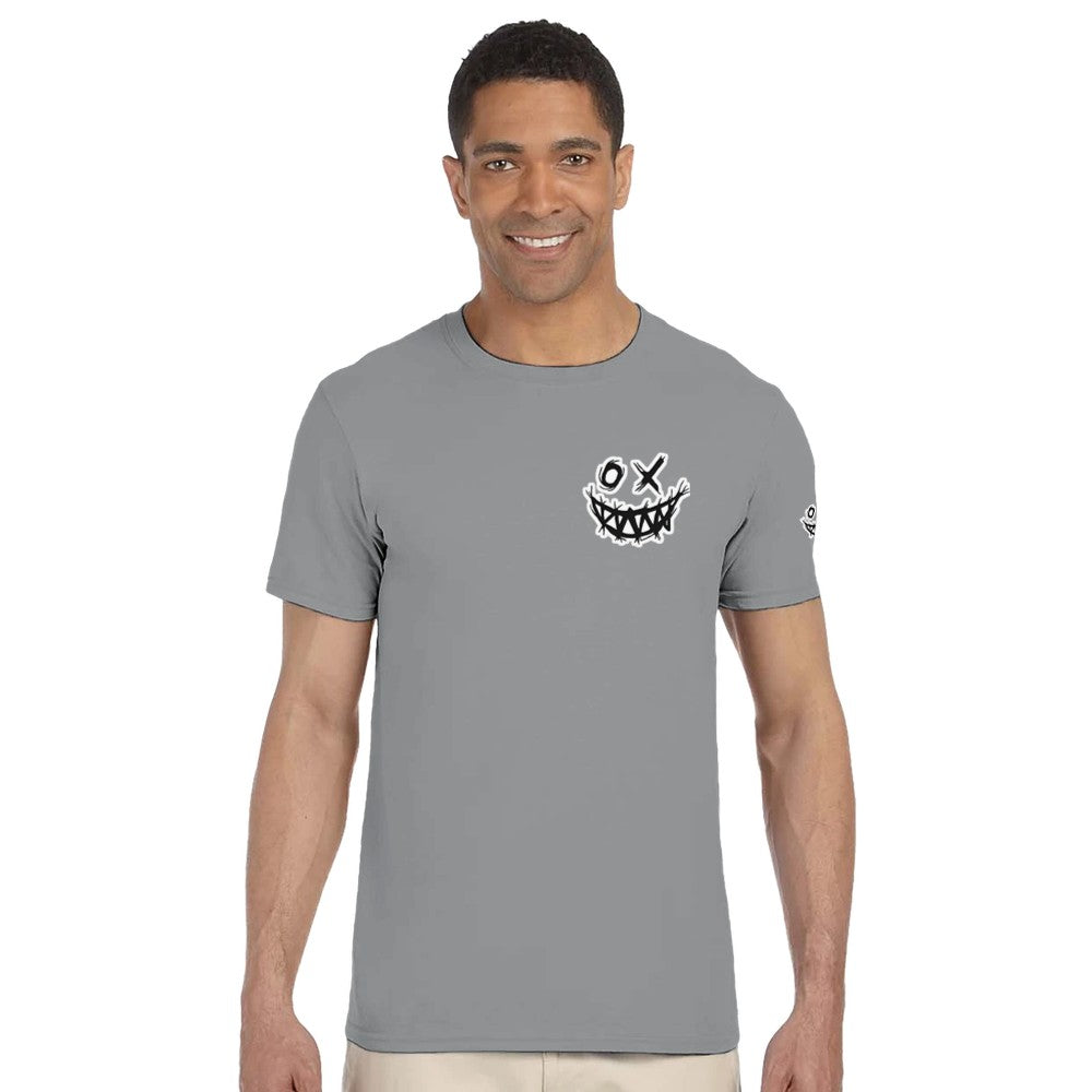 Man wearing a gray t-shirt with a logo on a white background. Techno